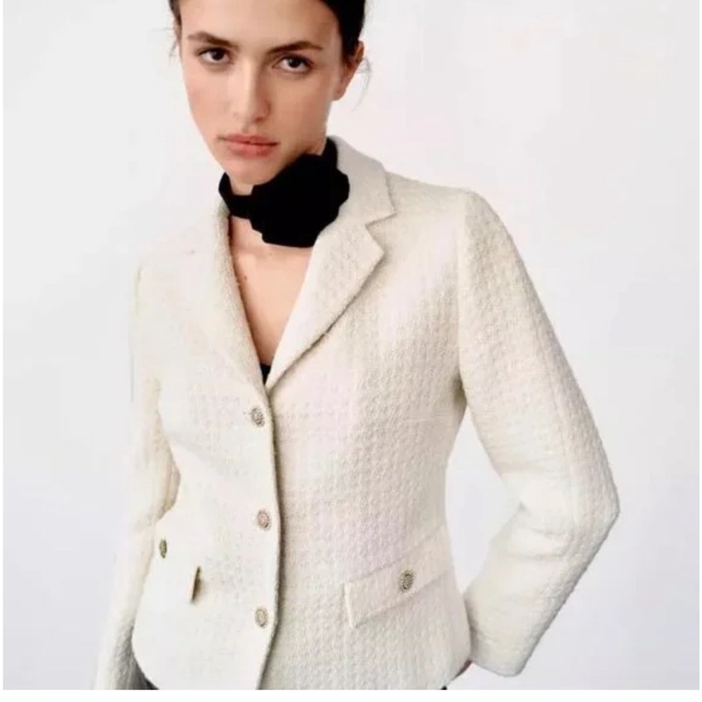 Zara Wool Blend Jewel/Gold Button Textured Blazer Ivory - Picture 3 of 12